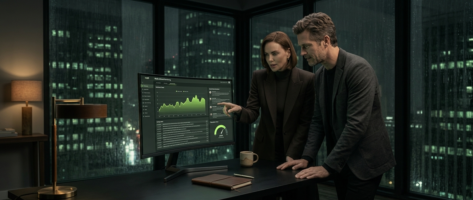 A brand strategist and colleague in sharply tailored modern dress review a glowing media and sentiment monitoring dashboard together.
