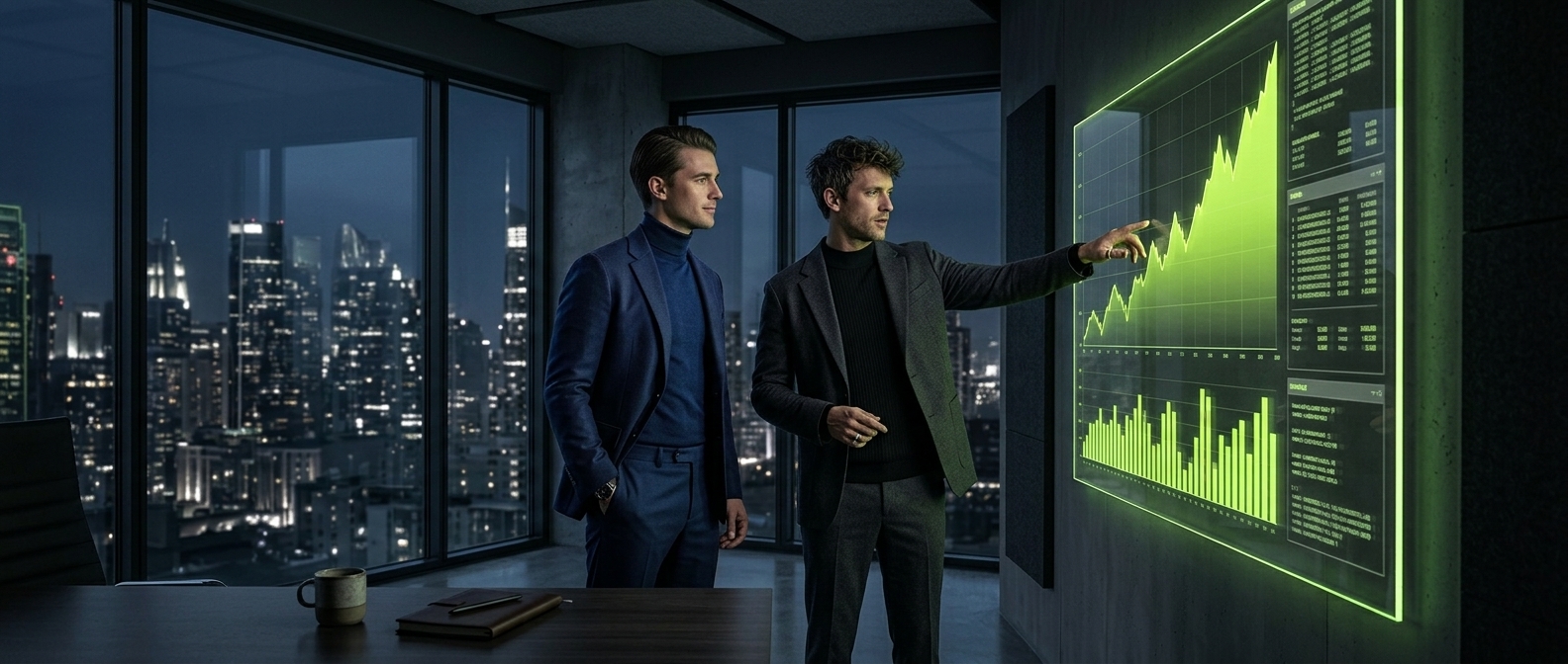 Two founders in sharply tailored modern dress review a glowing lime-green growth chart on a wall-mounted screen.