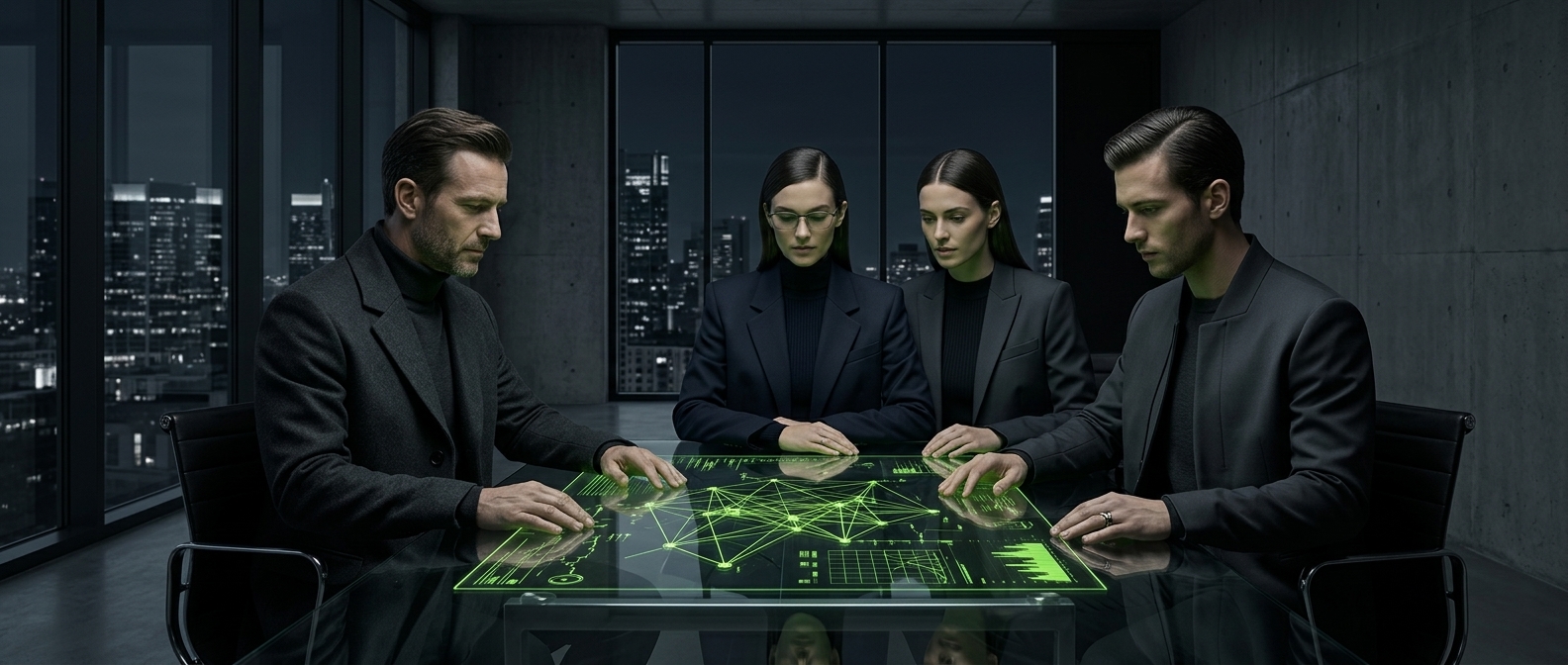 Three business leaders in sleek minimalist modern dress review a glowing lime-green network structure on a boardroom table.