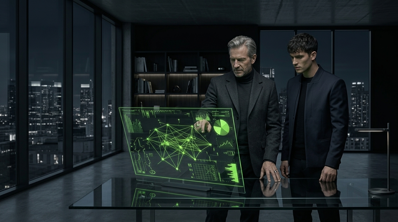 A senior wealth advisor and a younger colleague in sleek minimalist modern dress review a glowing wealth dashboard on a glass screen.