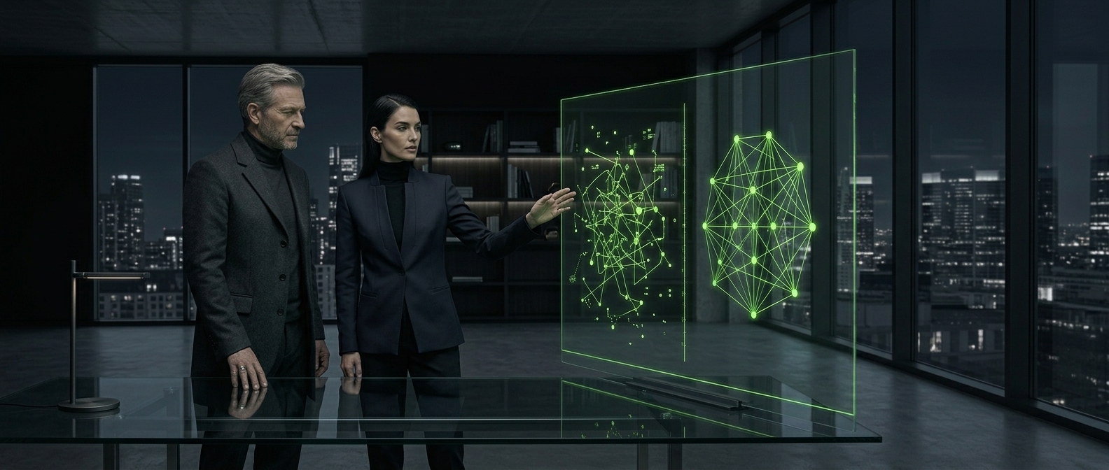 An advisor and colleague in sleek minimalist modern dress review a glowing lime-green transformation diagram, chaotic nodes resolving into an organised structure.