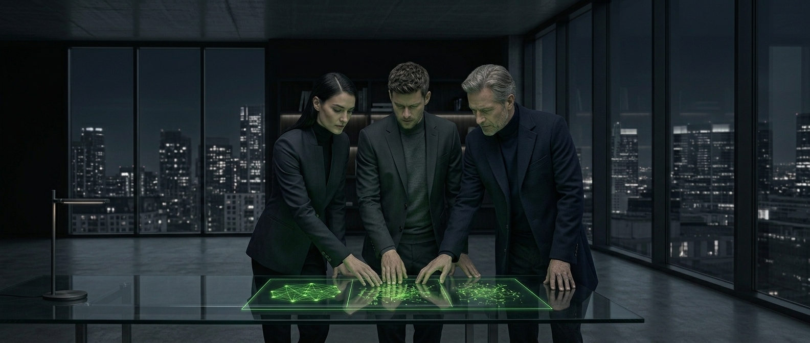 Three advisors in sleek minimalist modern dress gather around a single shared glowing lime-green file on a glass table.