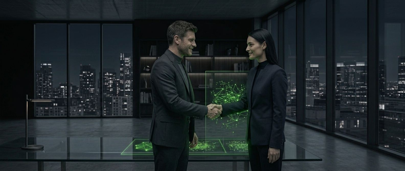 A man and woman in sleek minimalist modern dress meet with a warm handshake, a glowing lime-green connection graphic visible nearby.