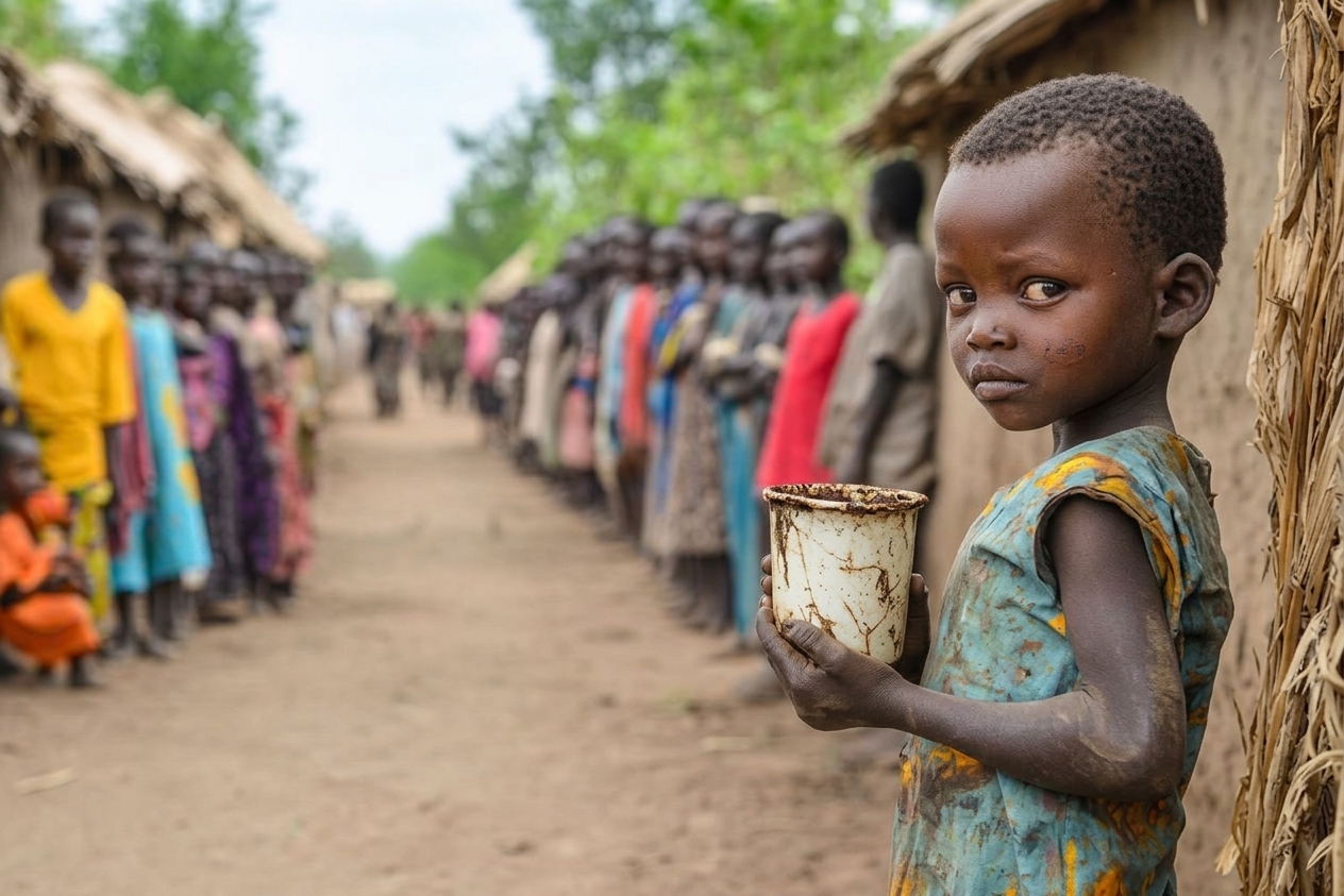A young child holds a cup while standing in a line of people, part of the community supported by the Mlinzi Foundation.