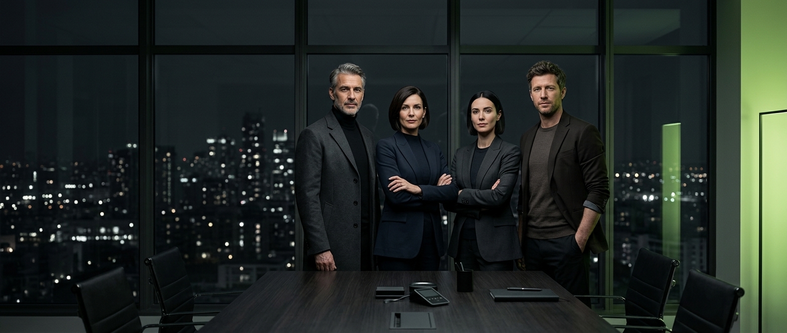 A group of Zerix's human partners and practice leads in sharply tailored modern dress.