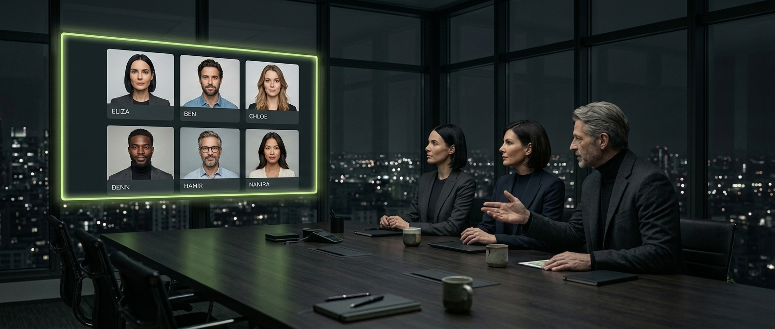 Zerix advisors in a boardroom meeting review the named Agentic Team profiles on a wall screen.
