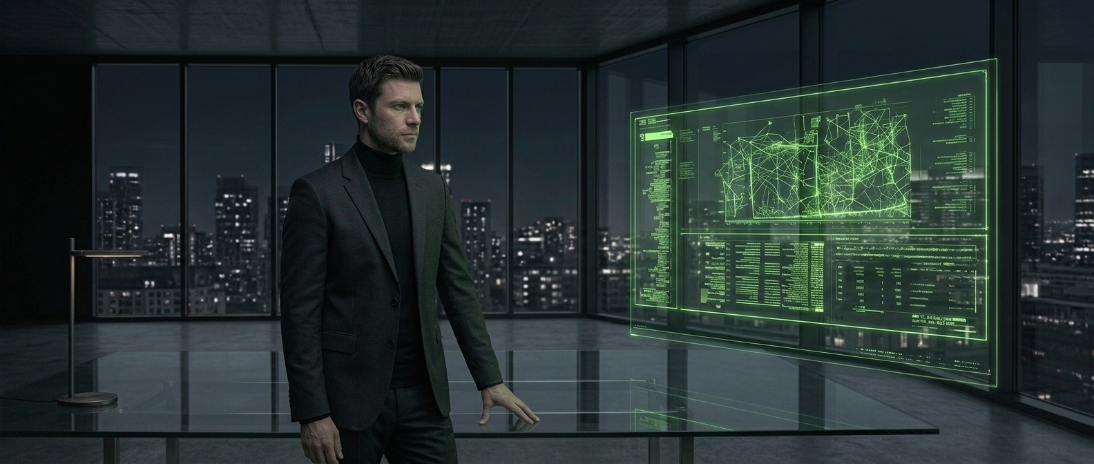A Zerix founder reviews a glowing Meta-Vision dashboard, marking the start of their Black Membership.