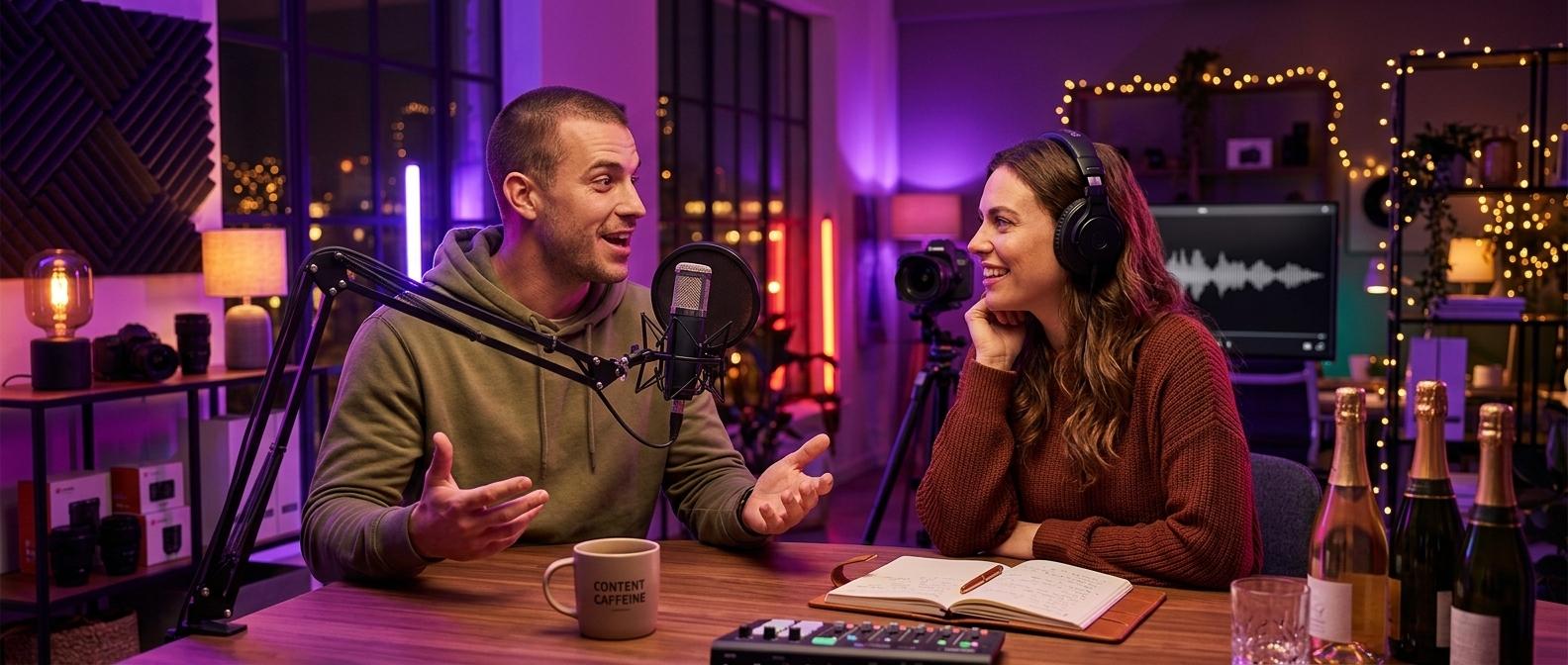 Content creators recording a podcast together.