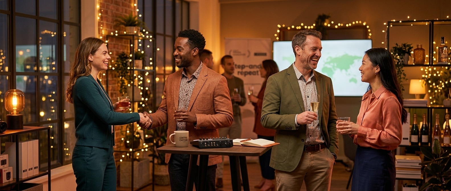 Founders and investors networking at a pitch event.