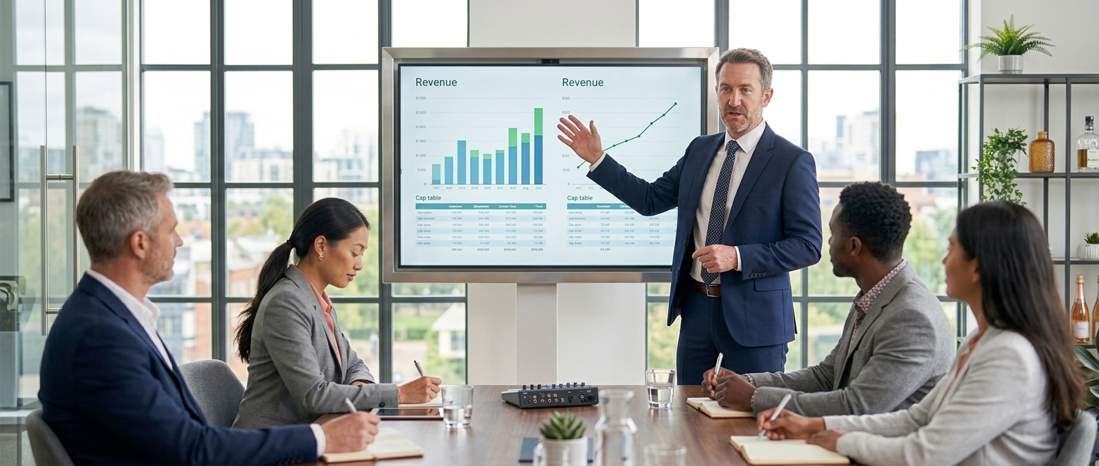 A founder presenting revenue scaling charts to a boardroom.