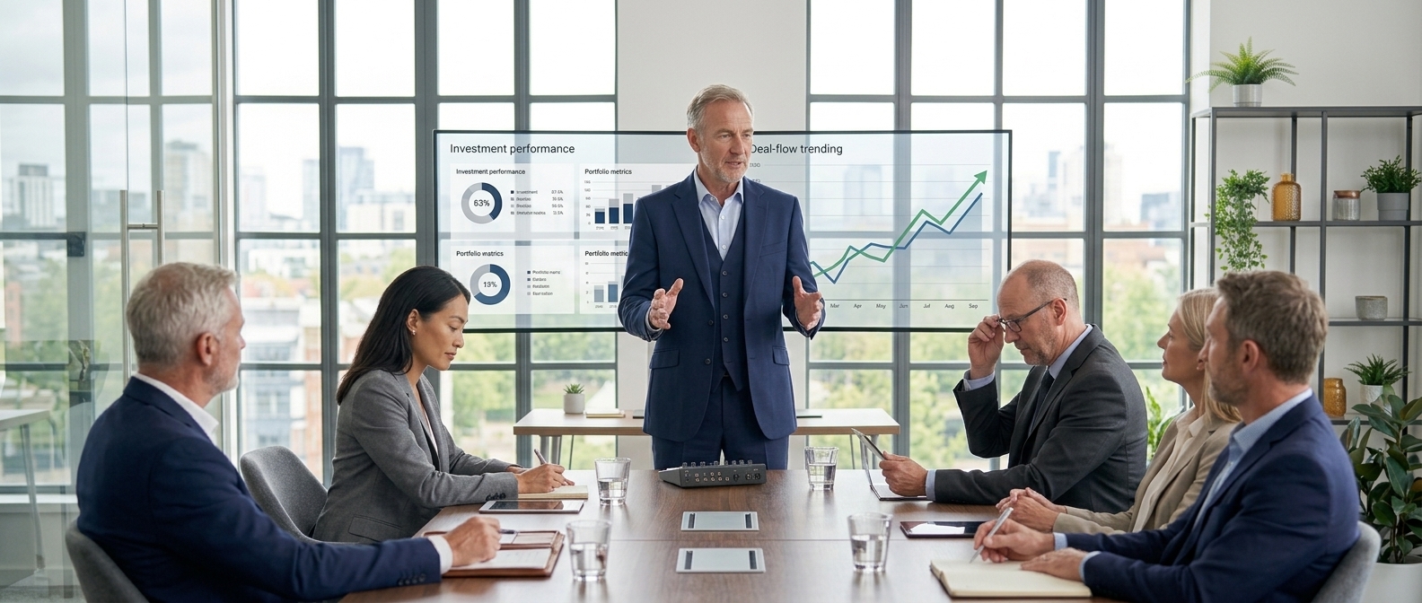 A senior presenter discussing venture investment performance charts with a group of investors.