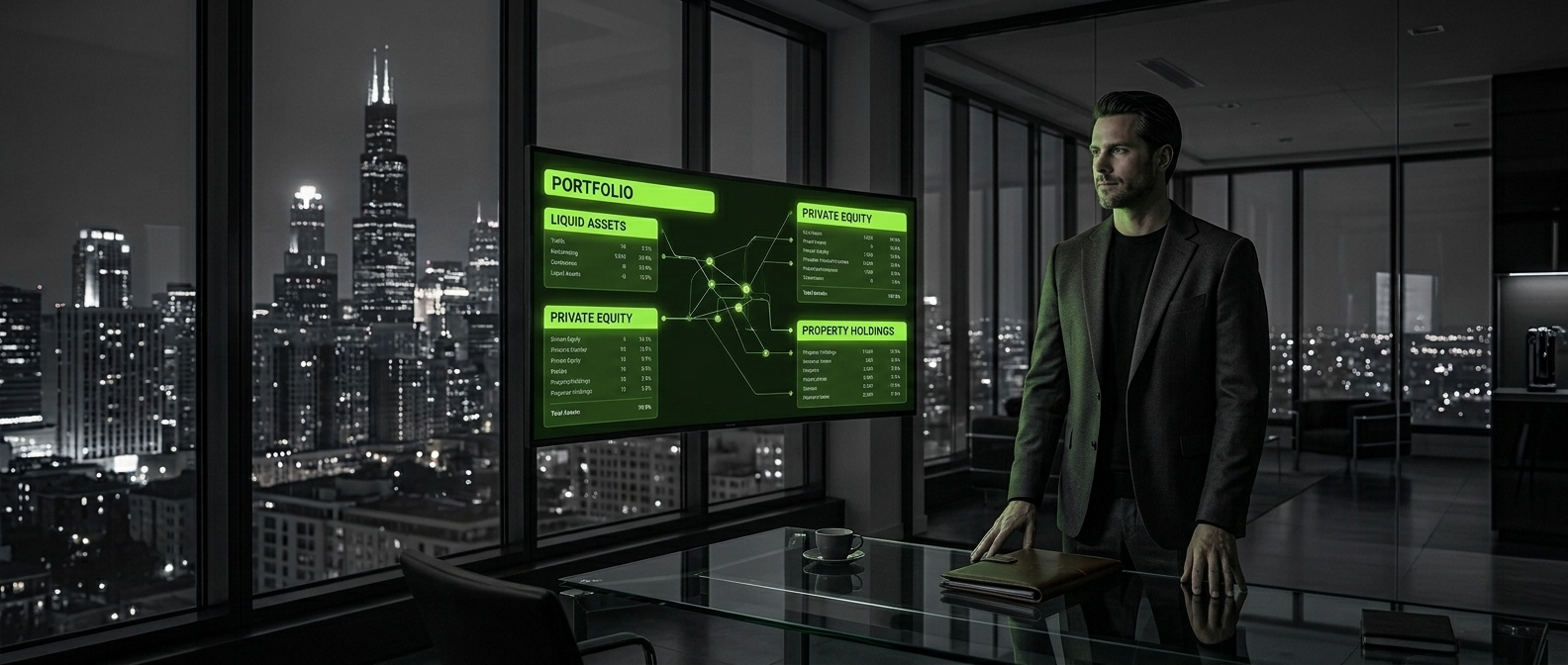 A private wealth investor reviewing a glowing portfolio dashboard, representing sovereign wealth strategy.