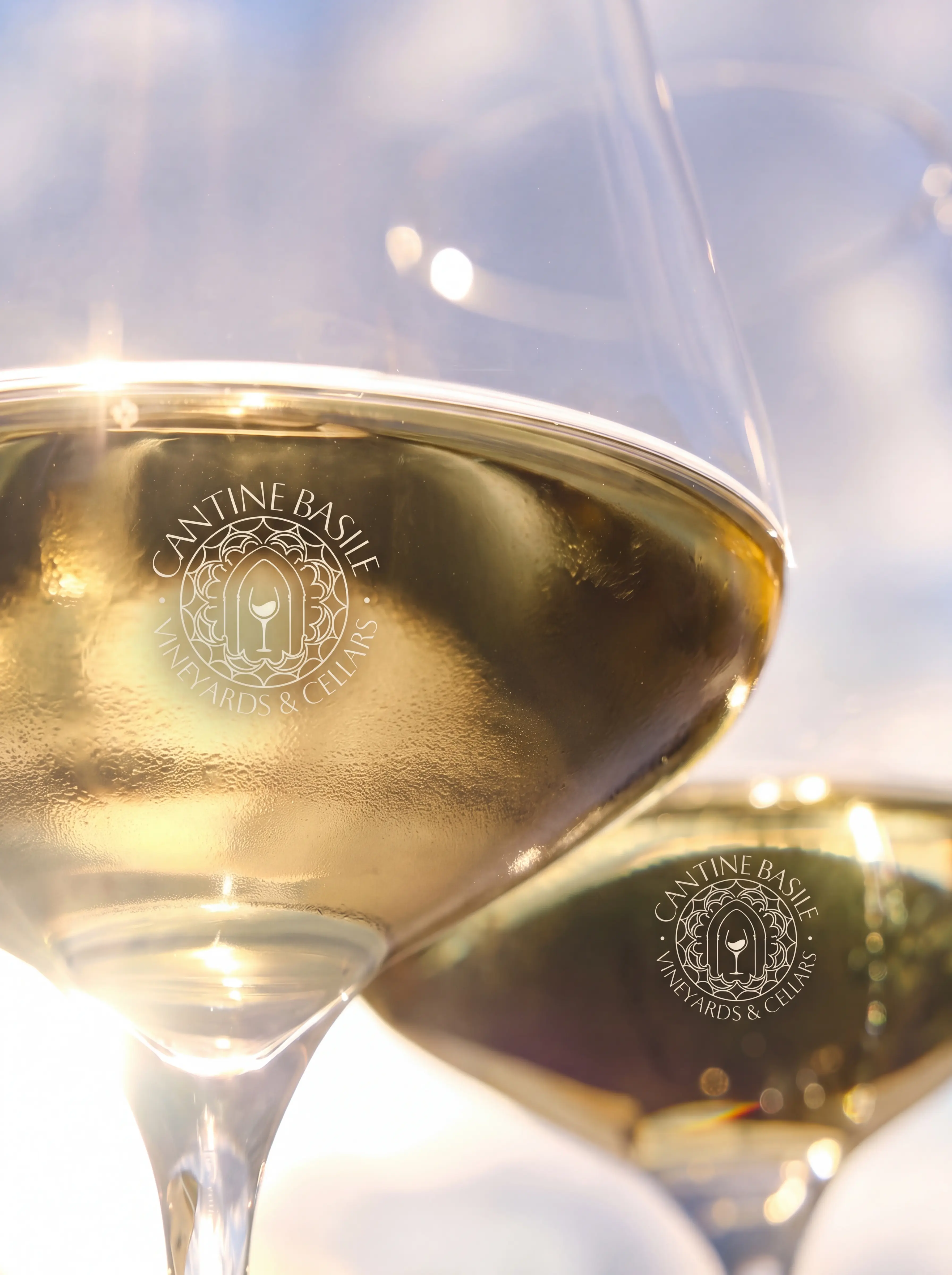 Close-up of two glasses filled with white wine, each etched with the Cantine Basile Vineyards & Cellars logo, against a bright, softly blurred background.