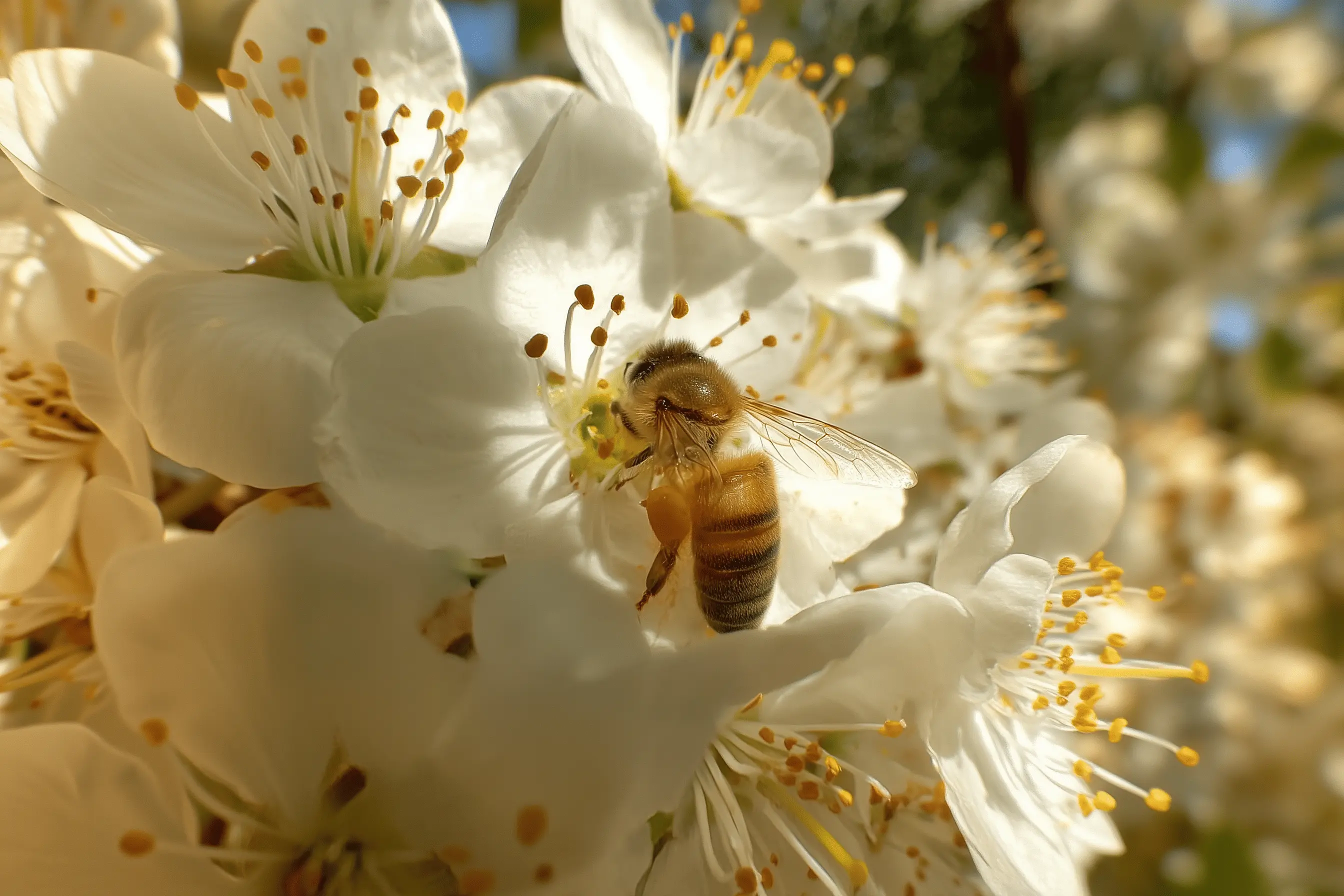 Close-up of a bee collecting pollen on white blossoms with yellow stamens under sunlight.
