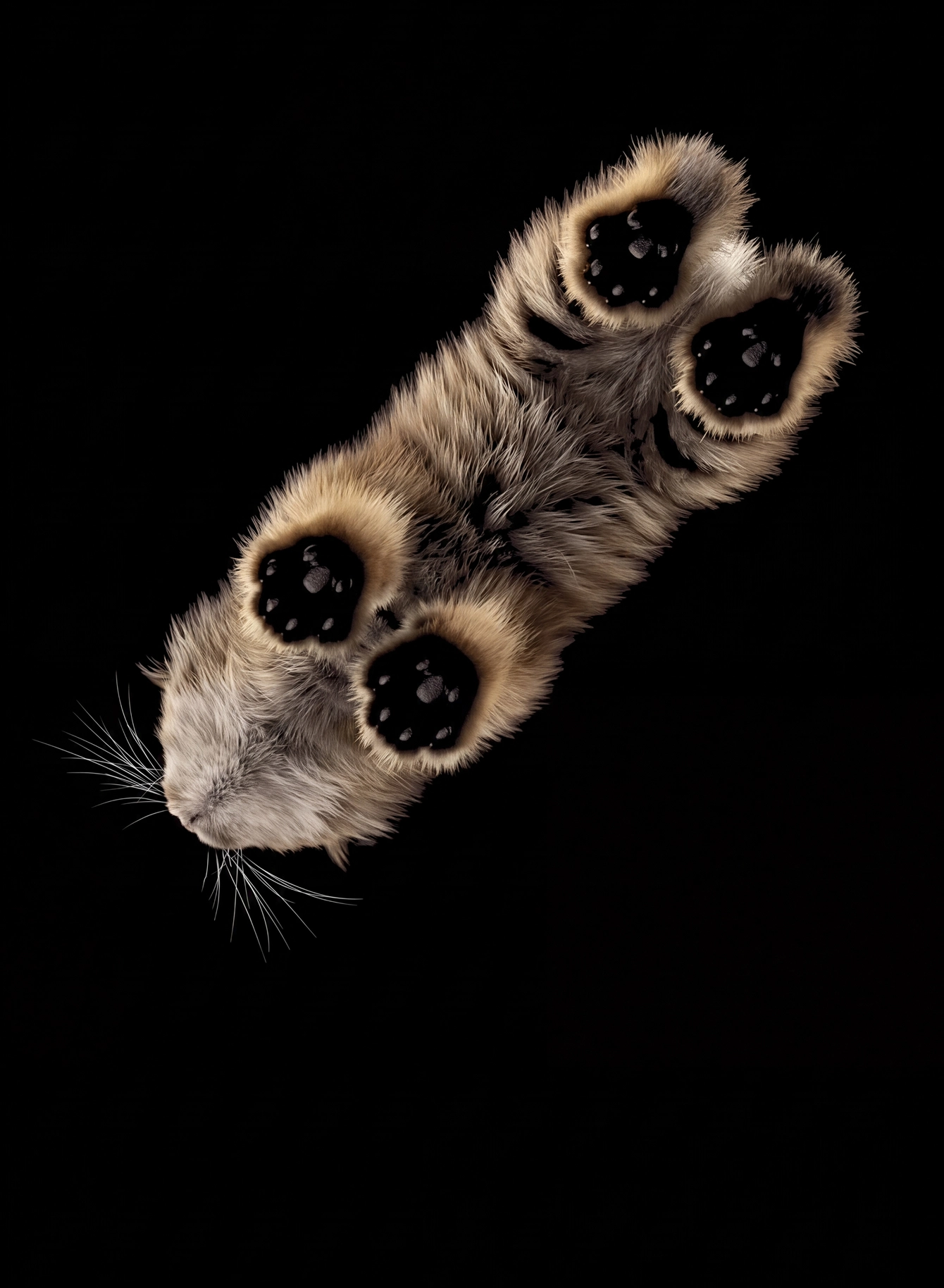Fluffy cat lying on its back with all four paws visible against a black background.