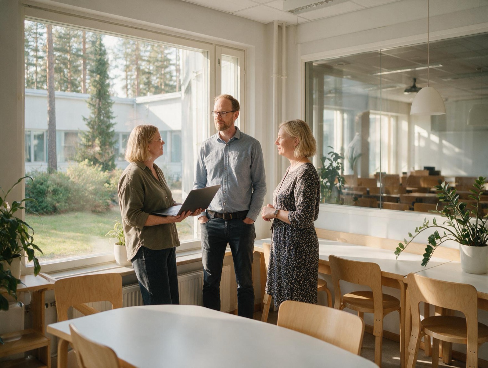 Oppilaitoksen opettajat ja opinto-ohjaaja keskustelevat henkilöstön koulutuksista opettajainhuoneessa