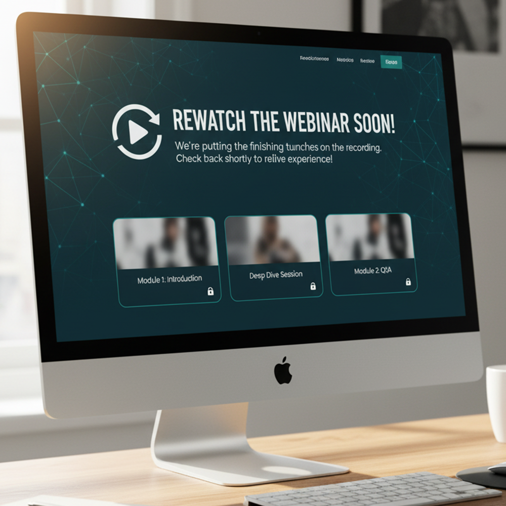 Apple iMac on desk displaying a website page titled 'Rewatch the webinar soon!' with three locked modules: Introduction, Deep Dive Session, and Q&A.