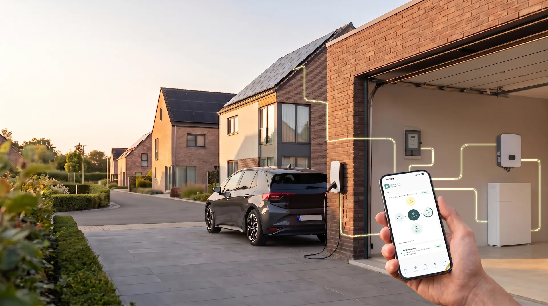 Woning met zonnepanelen, thuisbatterij en ladende elektrische wagen