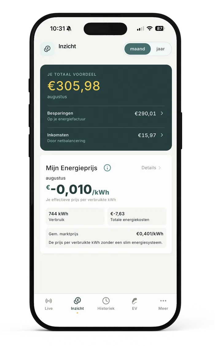MyFlexiO App: Insights screen with your total benefit and energy price for the month