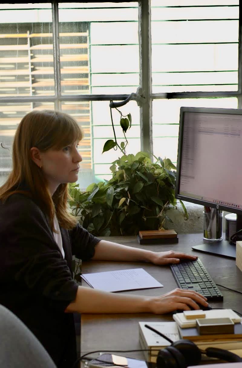 Someone working at a monitor beside a steel framed window, with a trailing houseplant on the sill.
