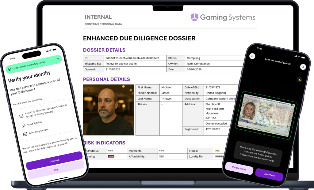 Gaming Systems app shown across three phone screens