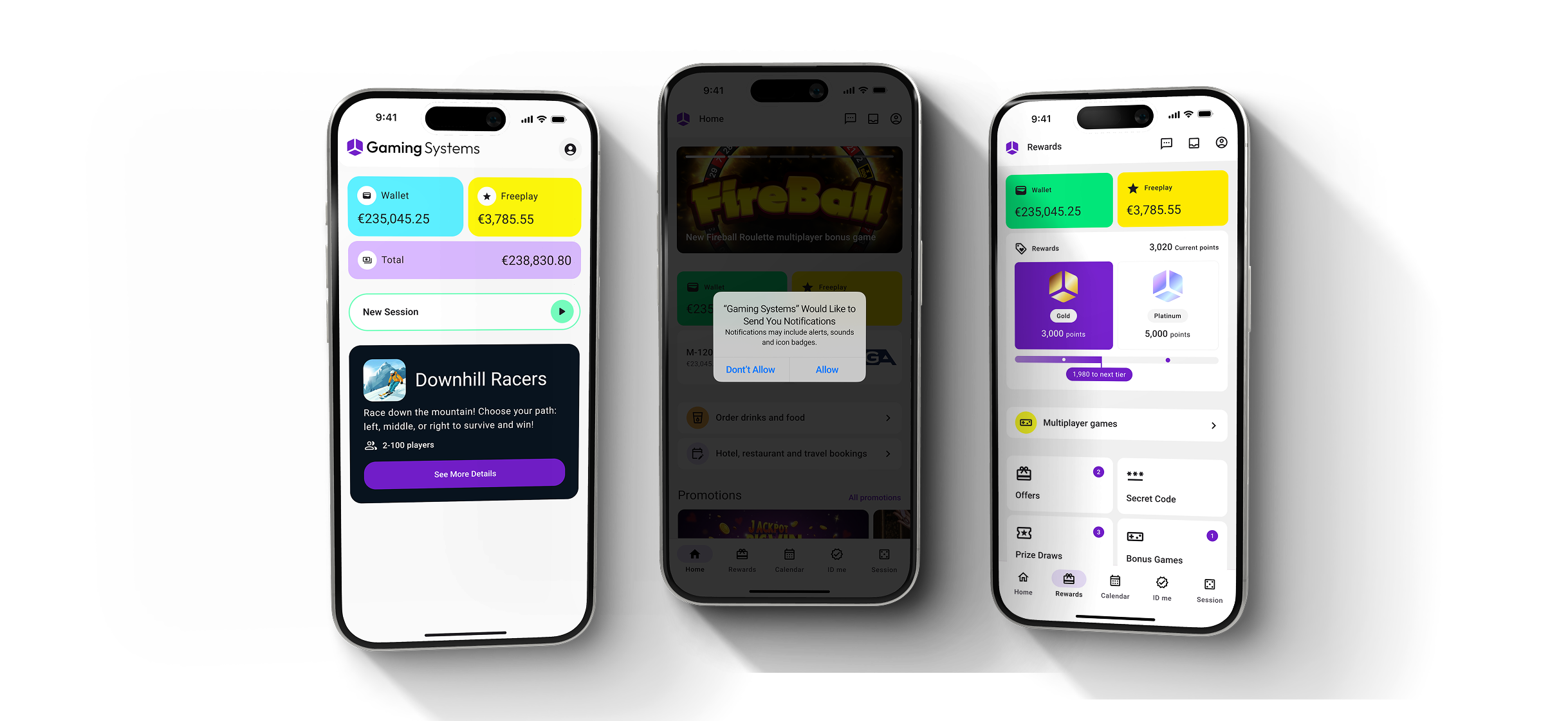 Gaming Systems app shown across three phone screens