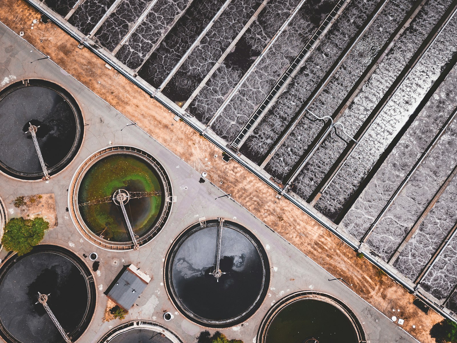 Aerial view of concrete basins at a wastewater treatment plant | Westside Construction Group