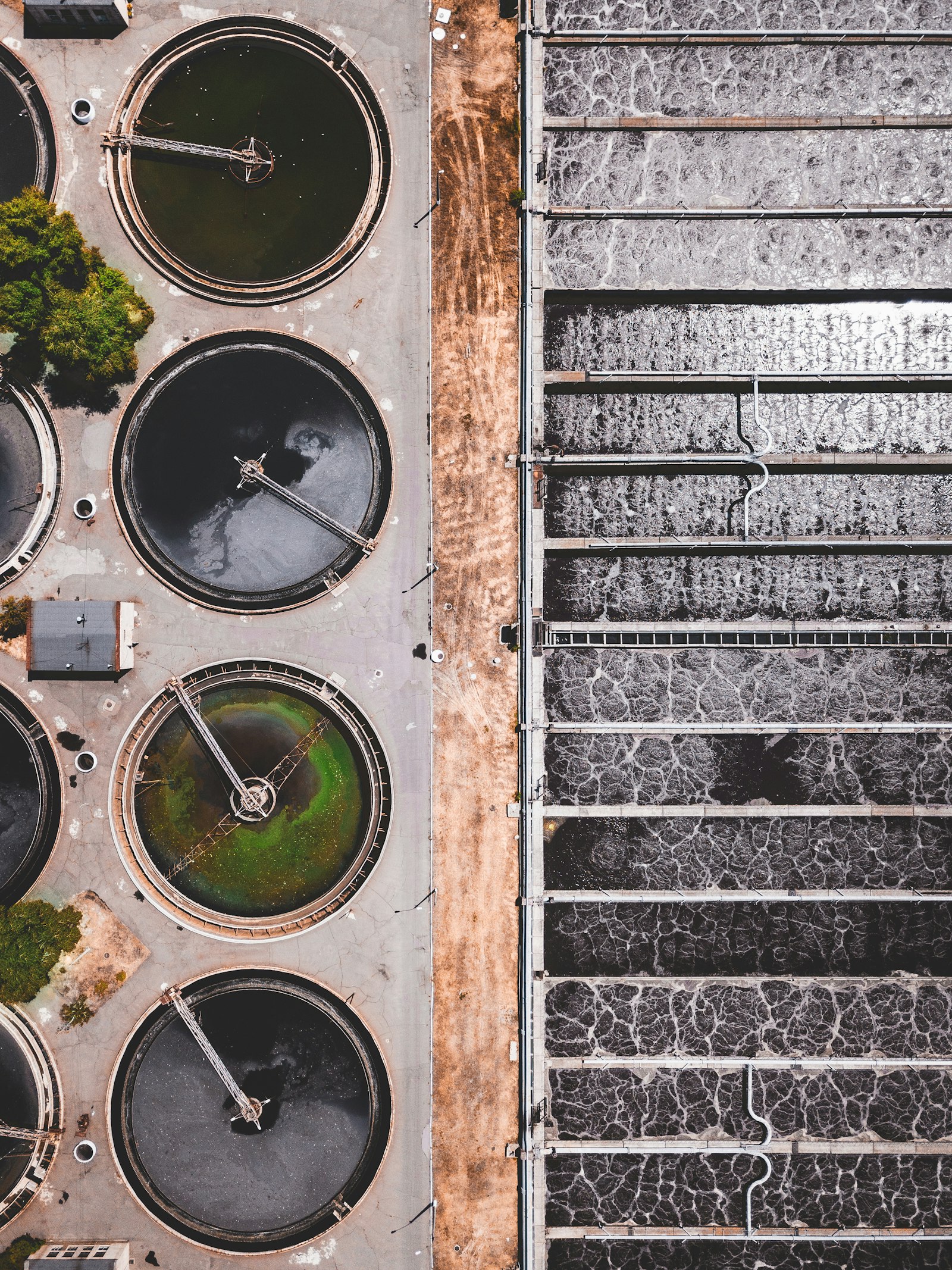 Aerial view of water treatment tanks at a treatment plant | Westside Construction Group