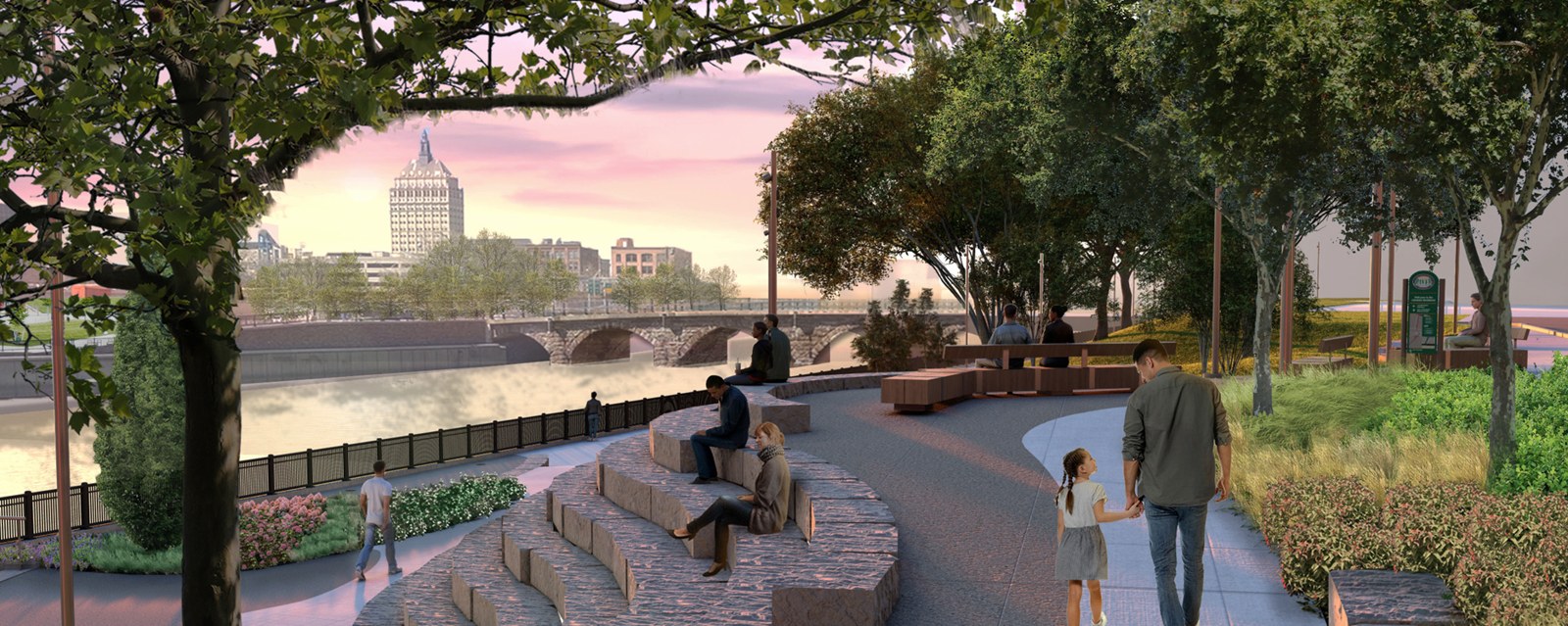 Rendering of the renovated Genesee Crossroads Park along the Genesee River in Rochester