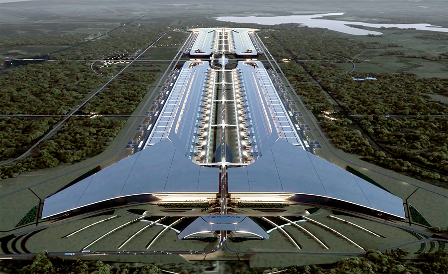 SpaceX conceptual rendering of the Terafab semiconductor manufacturing campus surrounded by woodland and water in Grimes County, Texas | Westside Construction Group