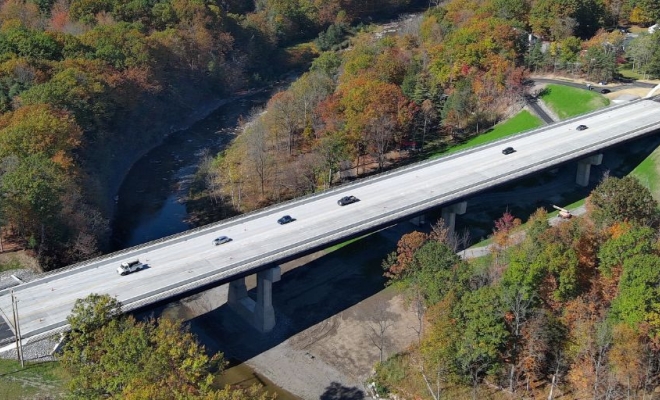 Aerial view of the new U.S. Route 20 bridge over Cazenovia Creek in Erie County | Westside Construction Group