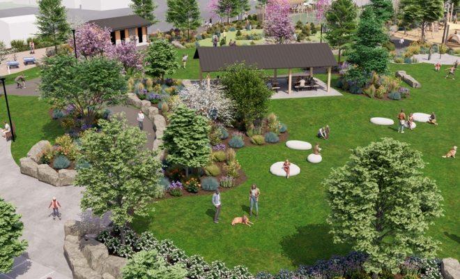 Aerial rendering of the planned Millrace Park on Seneca Street in Buffalo's Larkin District | Westside Construction Group