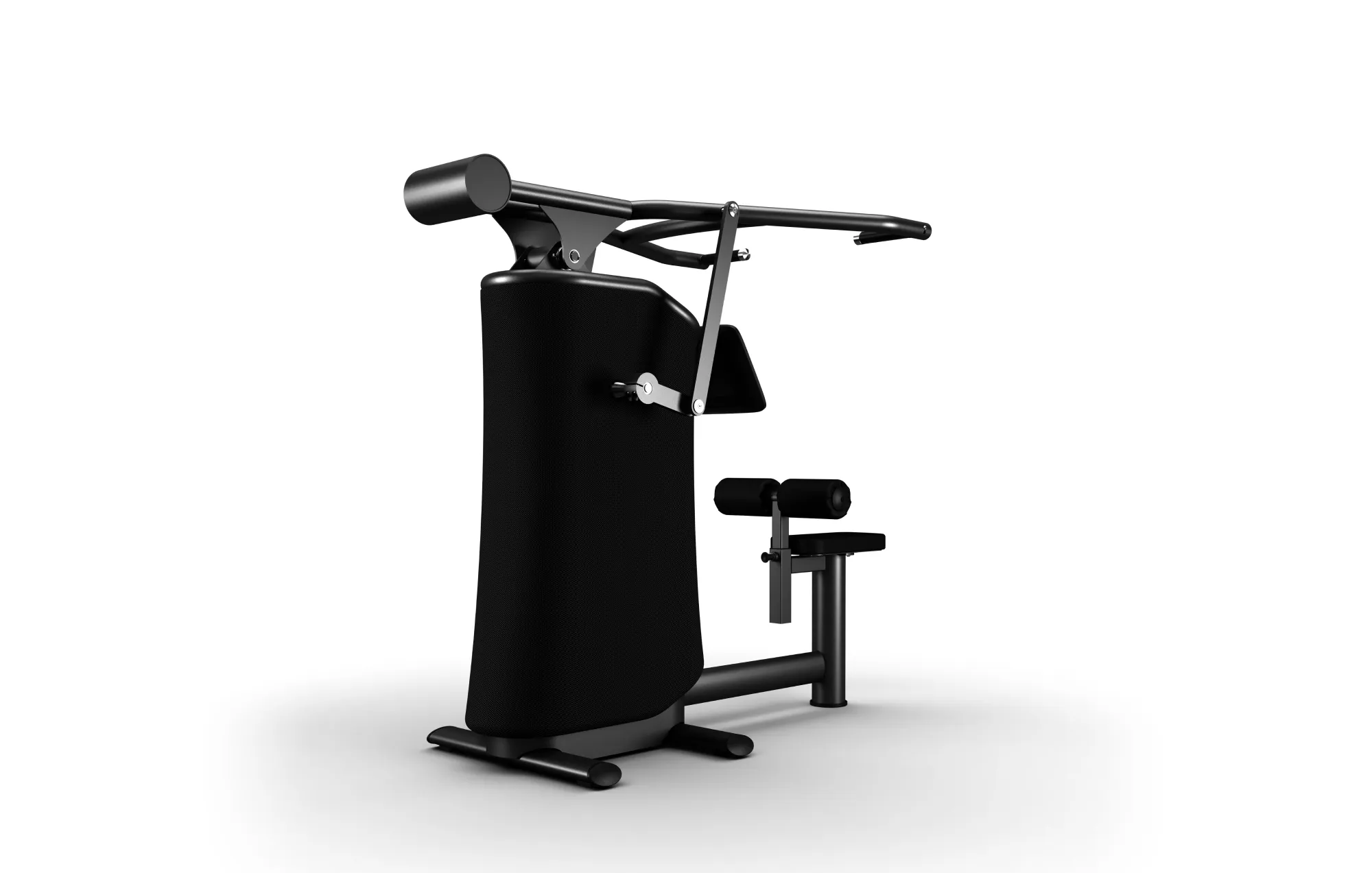 Black lat pulldown exercise machine with padded seat and leg support.