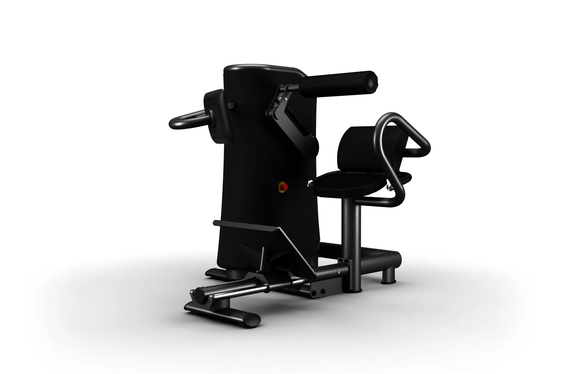 Black seated back extension exercise machine with padded seat, backrest, and handles for gym workouts.
