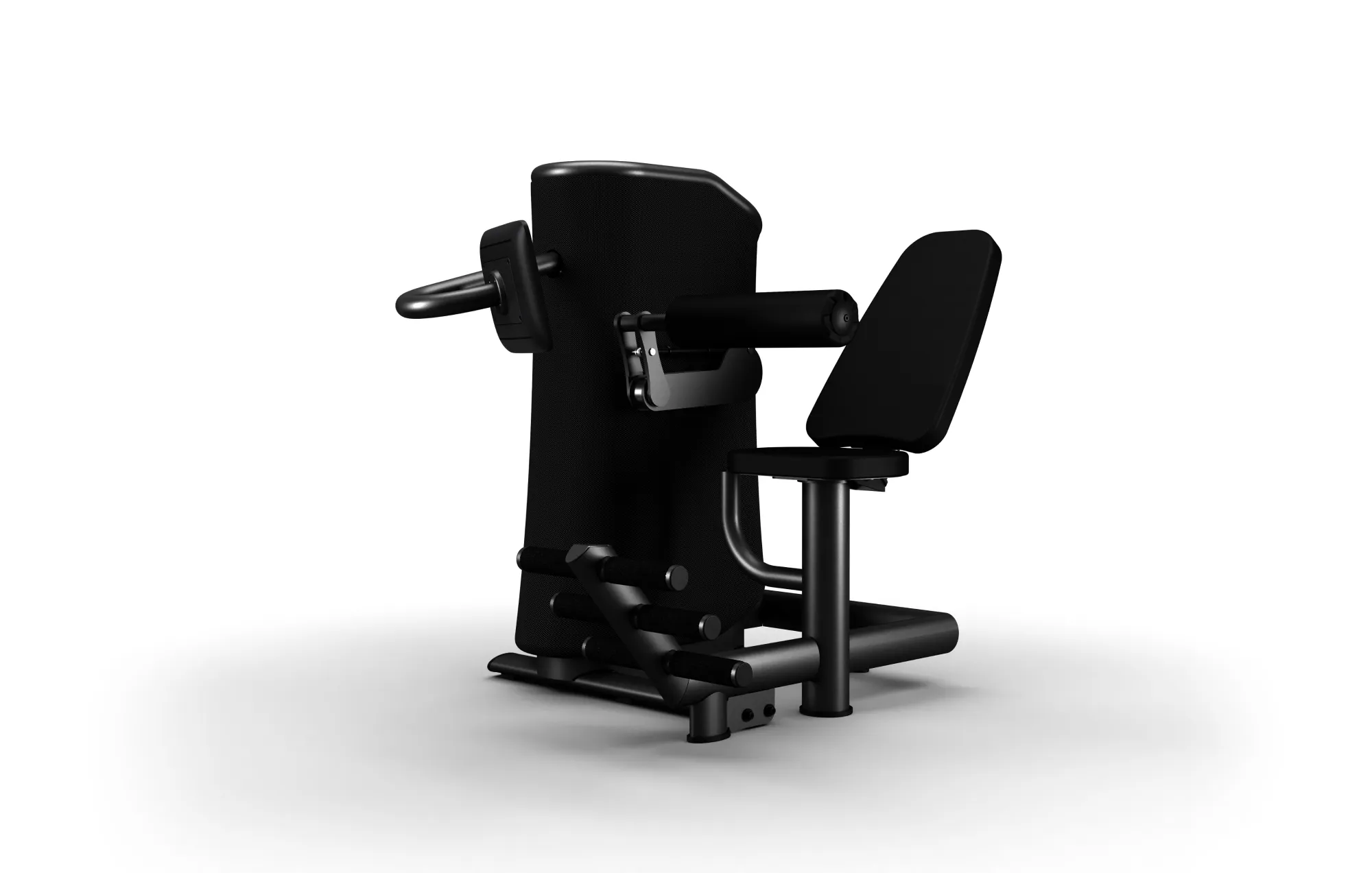 Black gym machine designed for seated leg curl exercises with padded seat and roller pads.