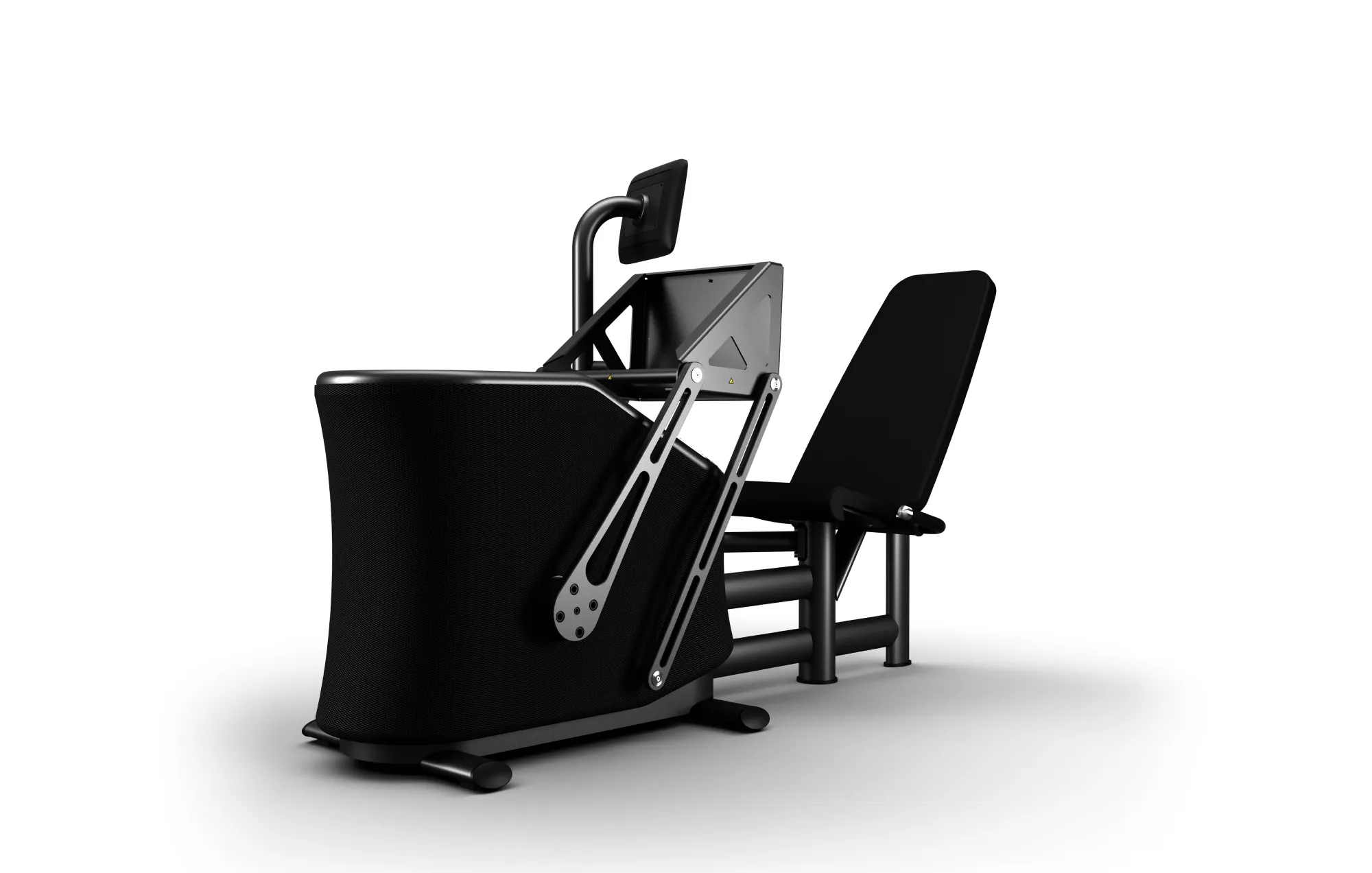 Modern black leg press gym machine with padded seat and angled foot platform on a white background.