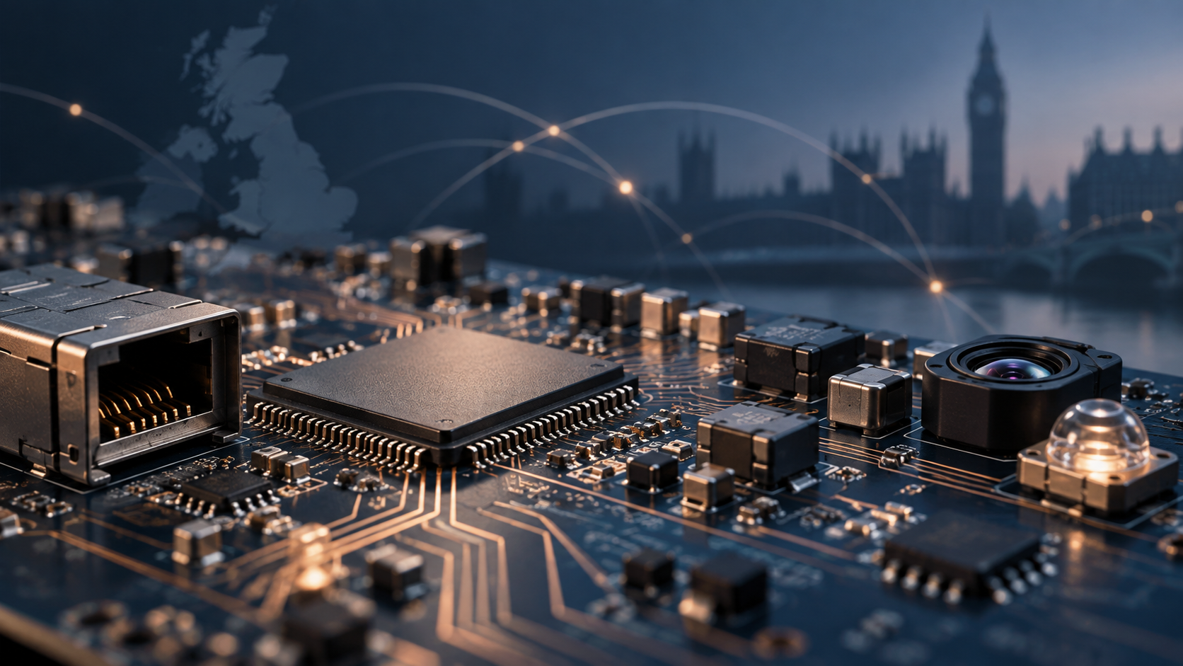 Illustrative electronics-industry circuit board with connectors and components