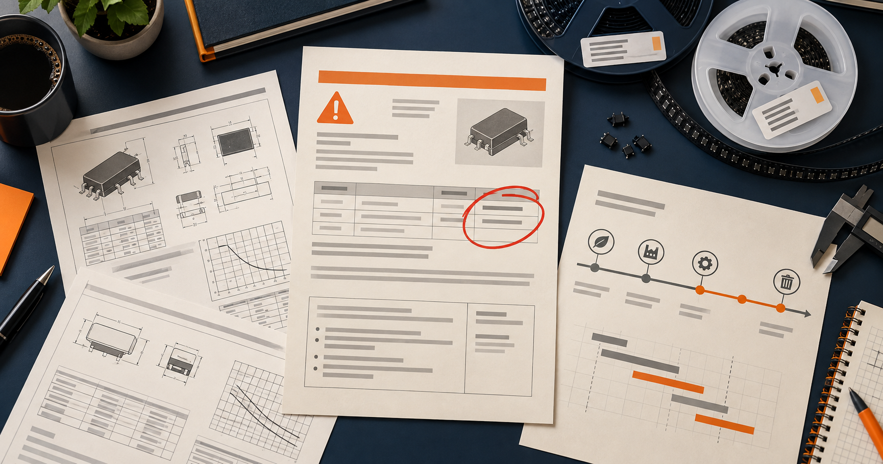 Product-change notice workflow with component records and approval stages, created as an illustrative editorial image