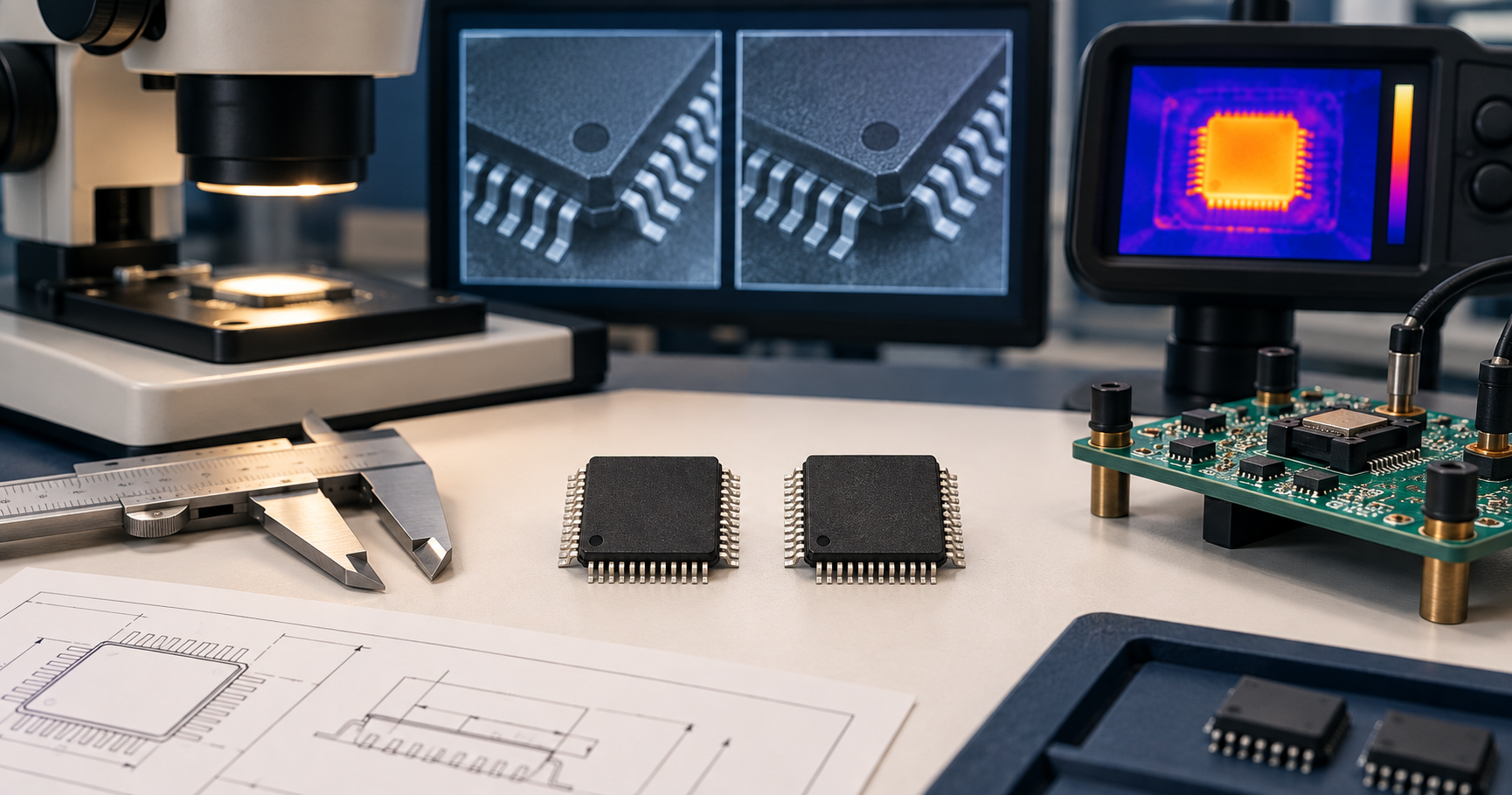 Two electronic components being compared for second-source qualification, created as an illustrative editorial image