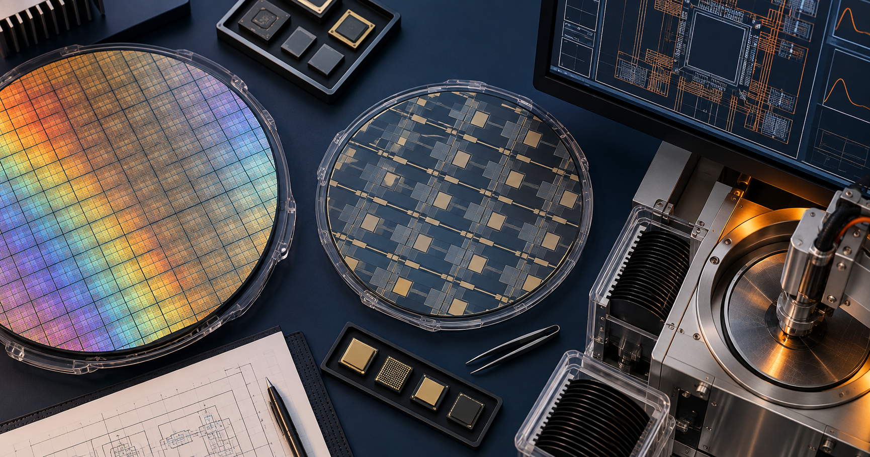 Semiconductor wafers, packaged chips and manufacturing equipment representing the UK semiconductor ecosystem