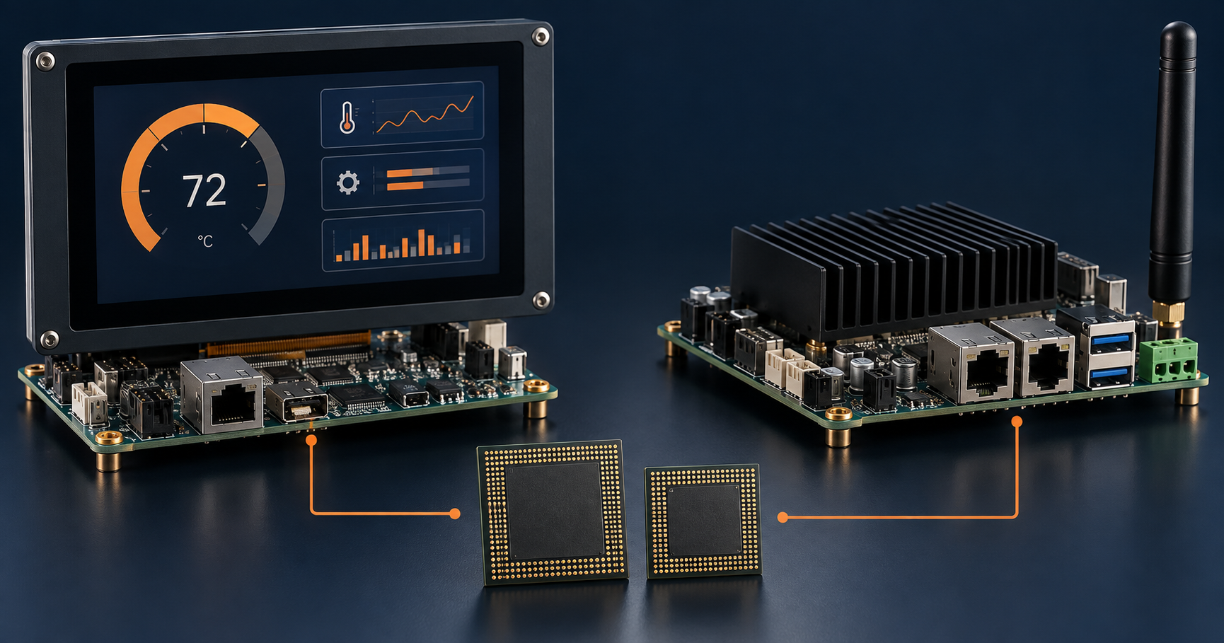 Shared embedded processor board architecture for display and headless products, created as an illustrative editorial image