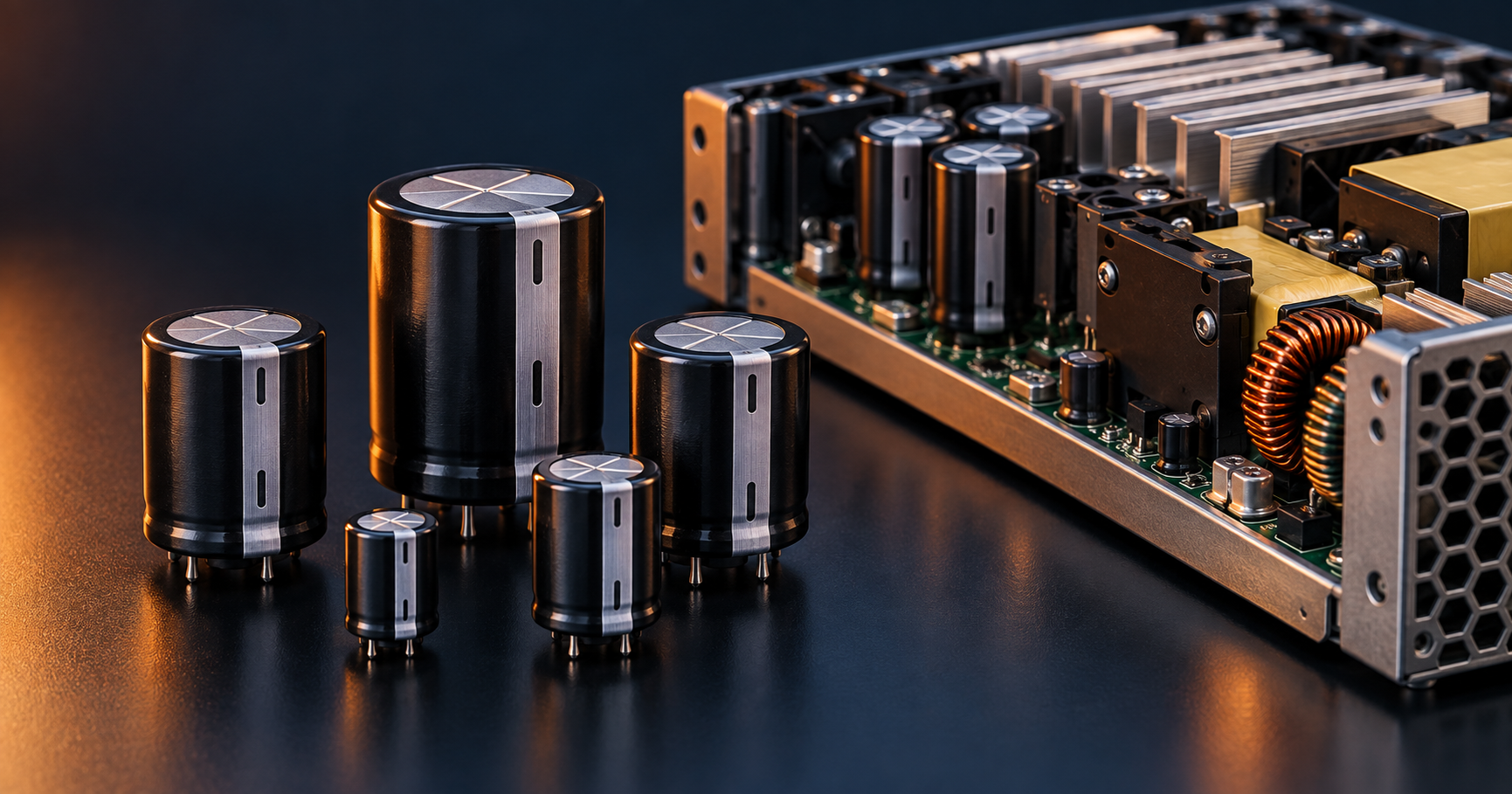 High-voltage snap-in capacitors in a dense power-supply design, created as an illustrative editorial image