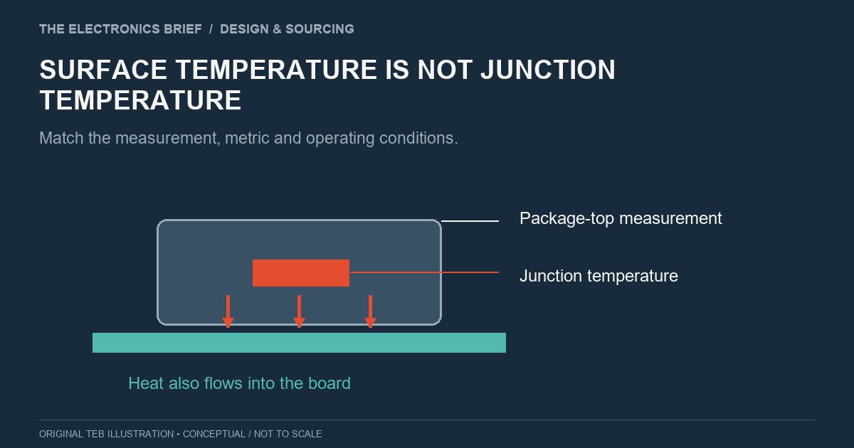 Conceptual semiconductor cross-section distinguishing package-top temperature from junction temperature and heat flow into the board.