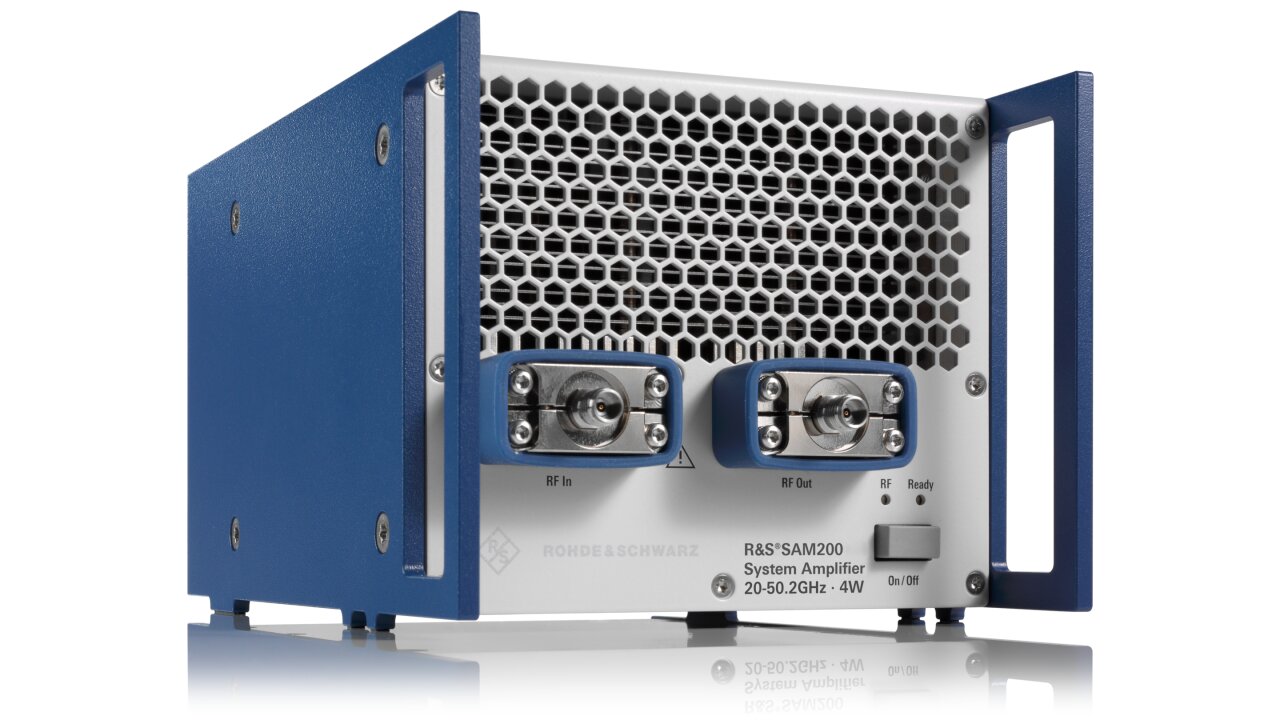 R&S SAM200 system amplifier showing its RF connections, display and front-panel controls