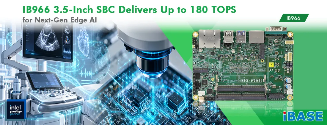 IBASE IB966 3.5-inch single-board computer showing processor, memory slots, network ports and expansion connections