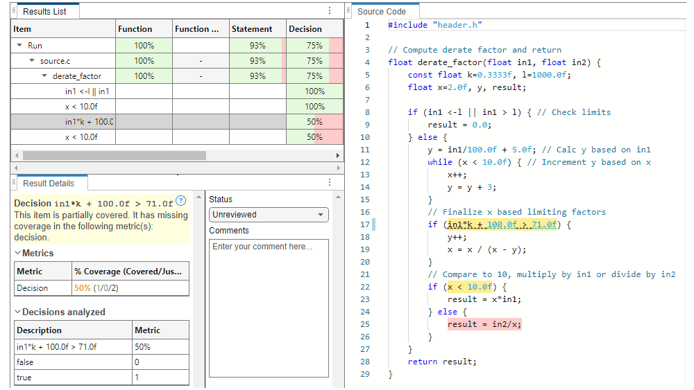 MathWorks Polyspace Test Server interface showing code coverage information
