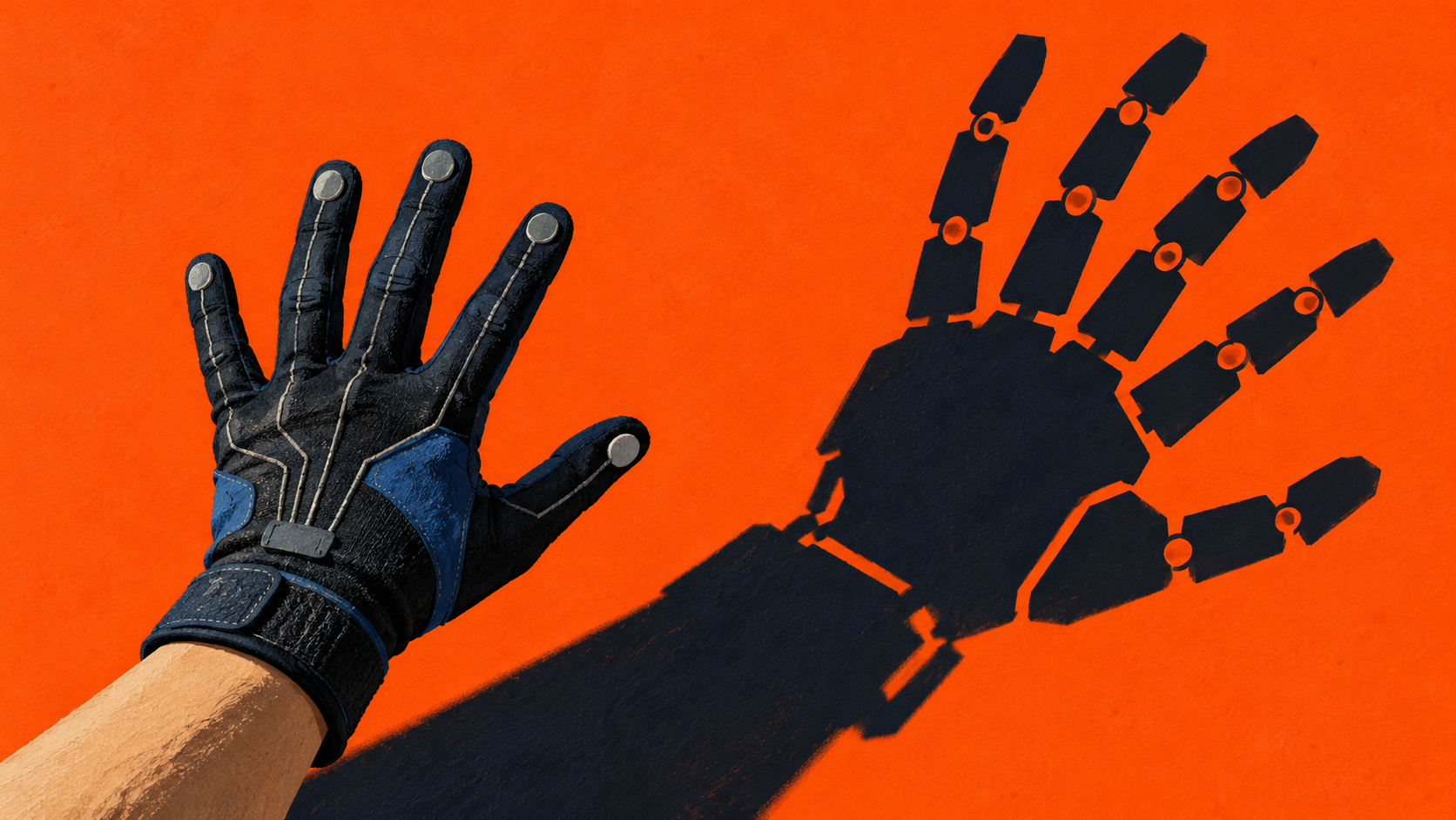 Conceptual illustration of a sensor-gloved human hand casting a robotic shadow against an orange background. Not a depiction of the actual product.