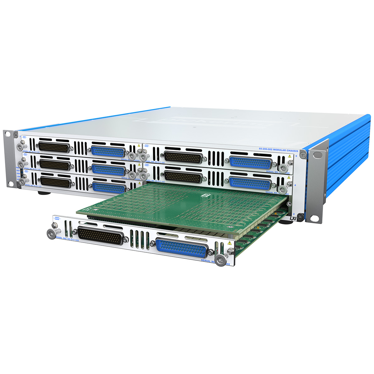65-217 range modules installed in a chassis. The manufacturer labels its product photography as illustrative of the range; configuration may vary.