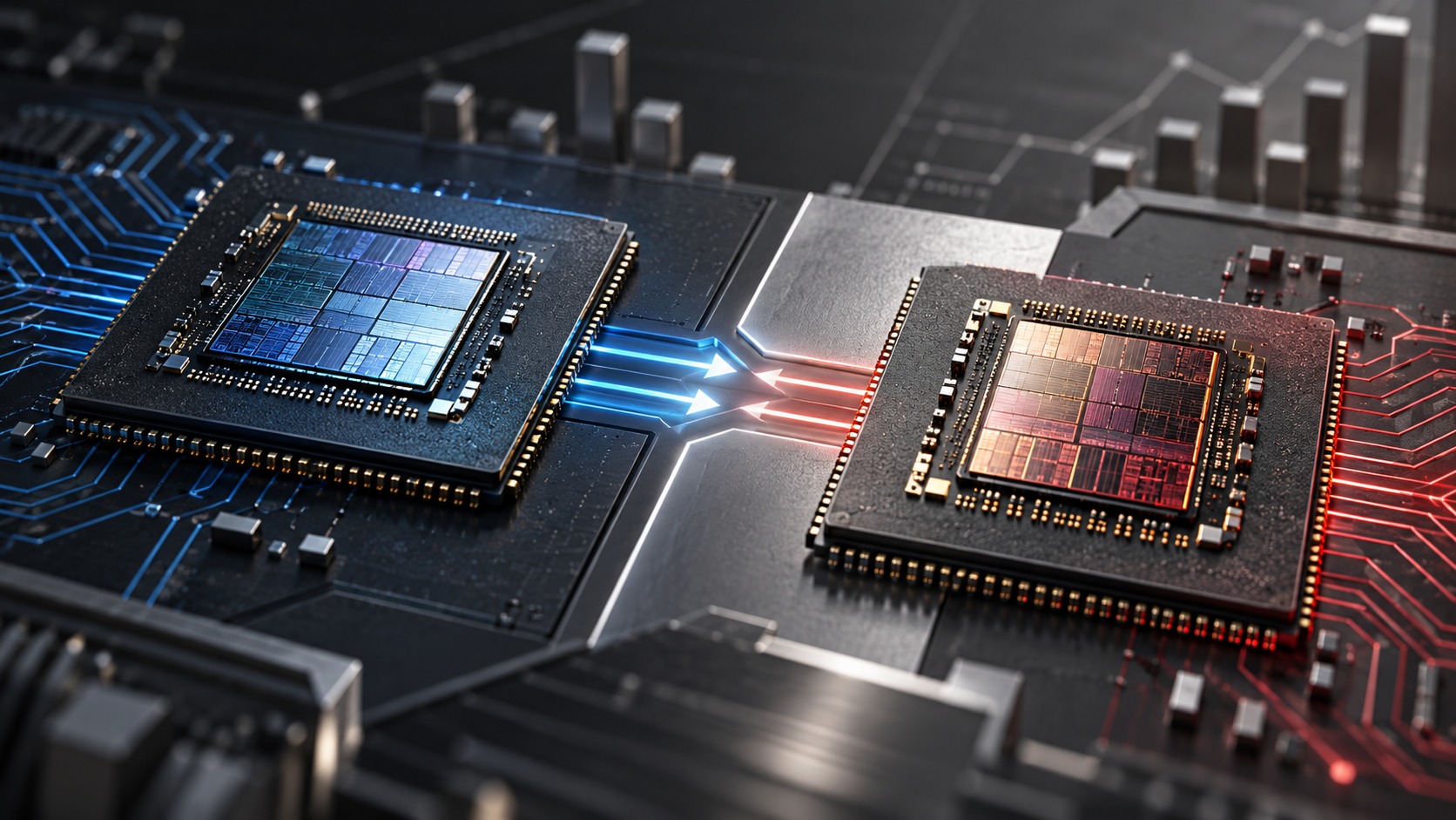 Two semiconductor packages converging in an editorial illustration of onsemi's revised Synaptics acquisition