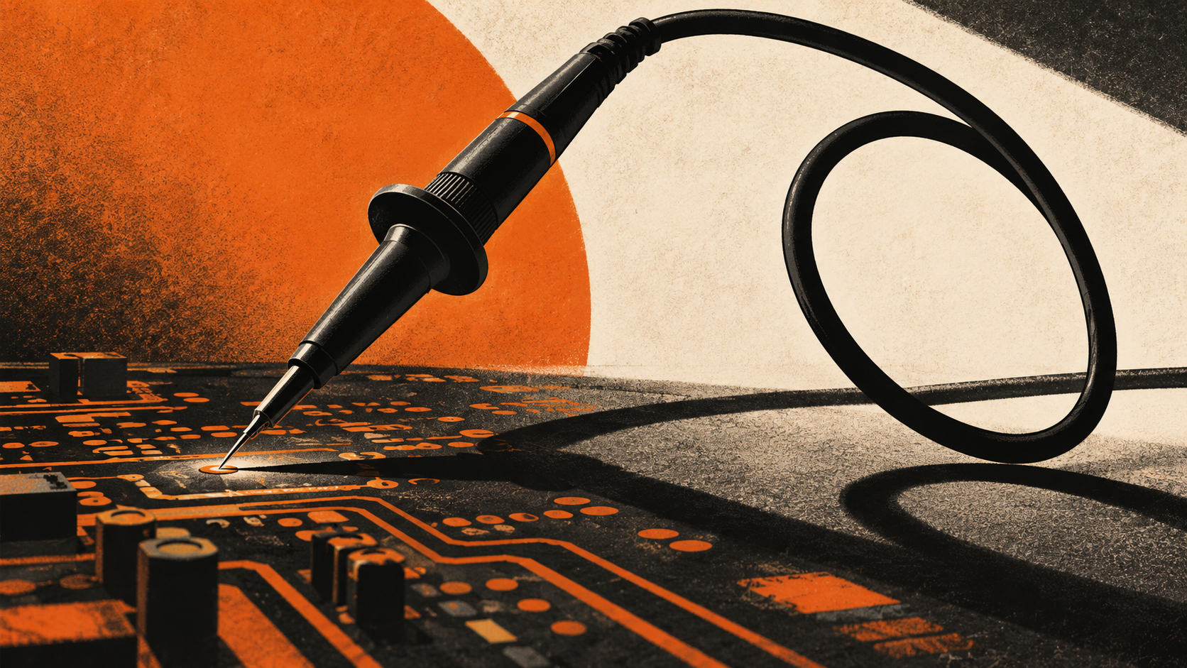 Conceptual illustration of an oscilloscope probe above a circuit board with a looping cable.